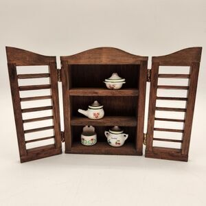 Minature Wooden Cabinet Cupboard Hutch with Dishes Dollhouse